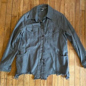 Free People Moonchild Distressed Denim Shirt Jacket - Army Green - size XS